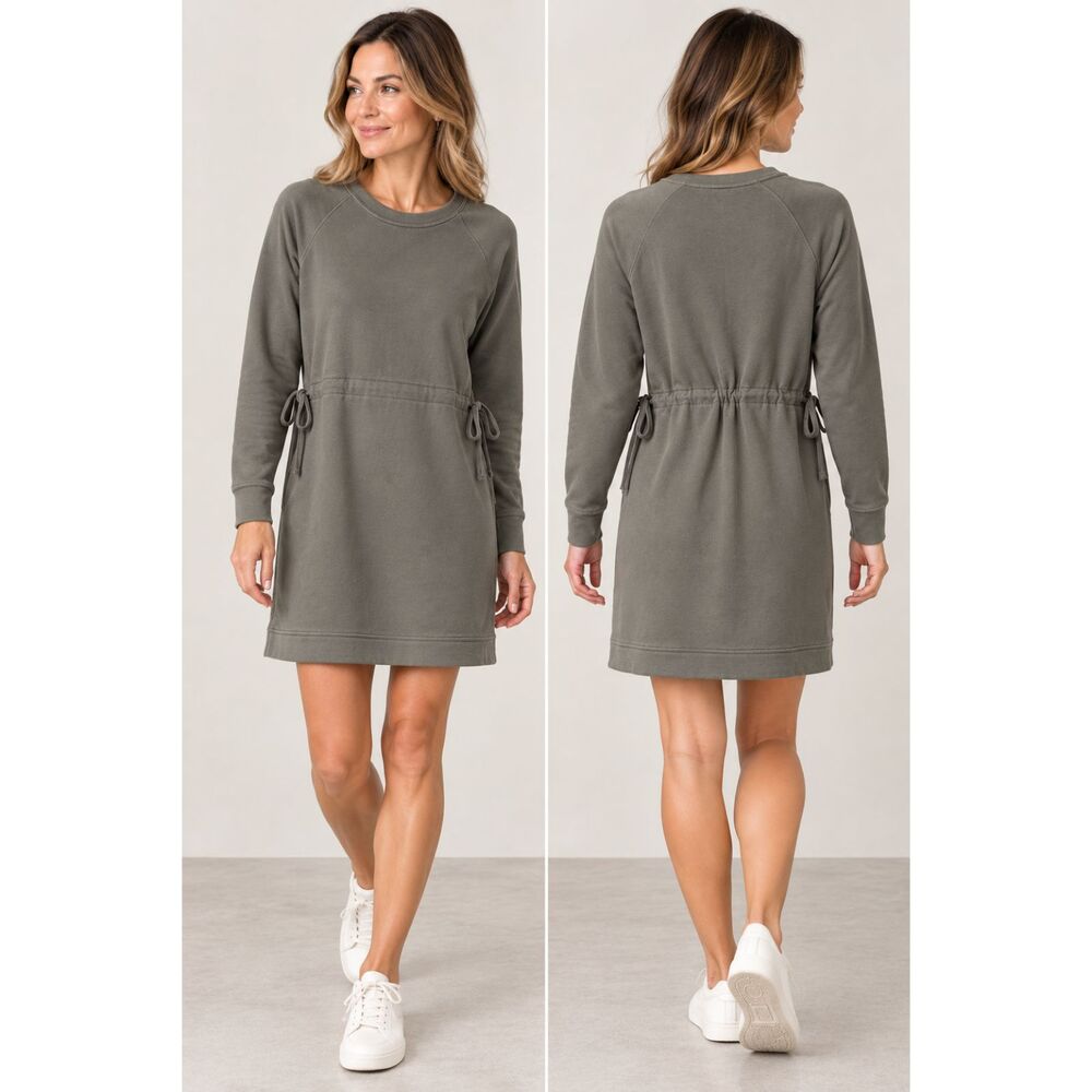 Athleta M French Terry Sweatshirt Dress Grey Drawstring Waist